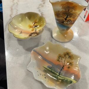 Three piece set of Noritake Morimura hand painted vase, bowl and tray Japanese